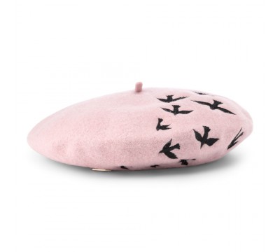 Beret - Birdy - pink with black embroidery