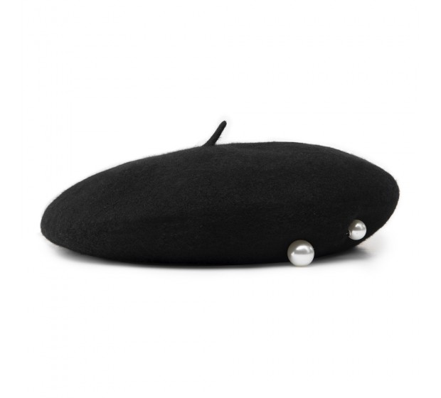 Beret - Donna - black with broch & pearls