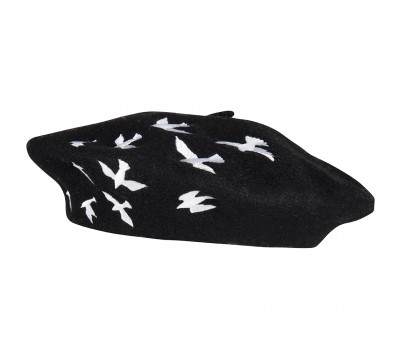 Beret - Birdy - black with white embroidery